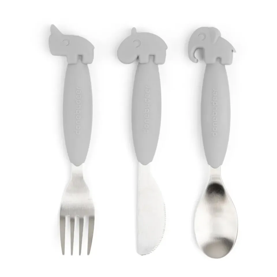 Done by deer Deer Friends Easy-grip cutlery set 3 pieces, Grey New