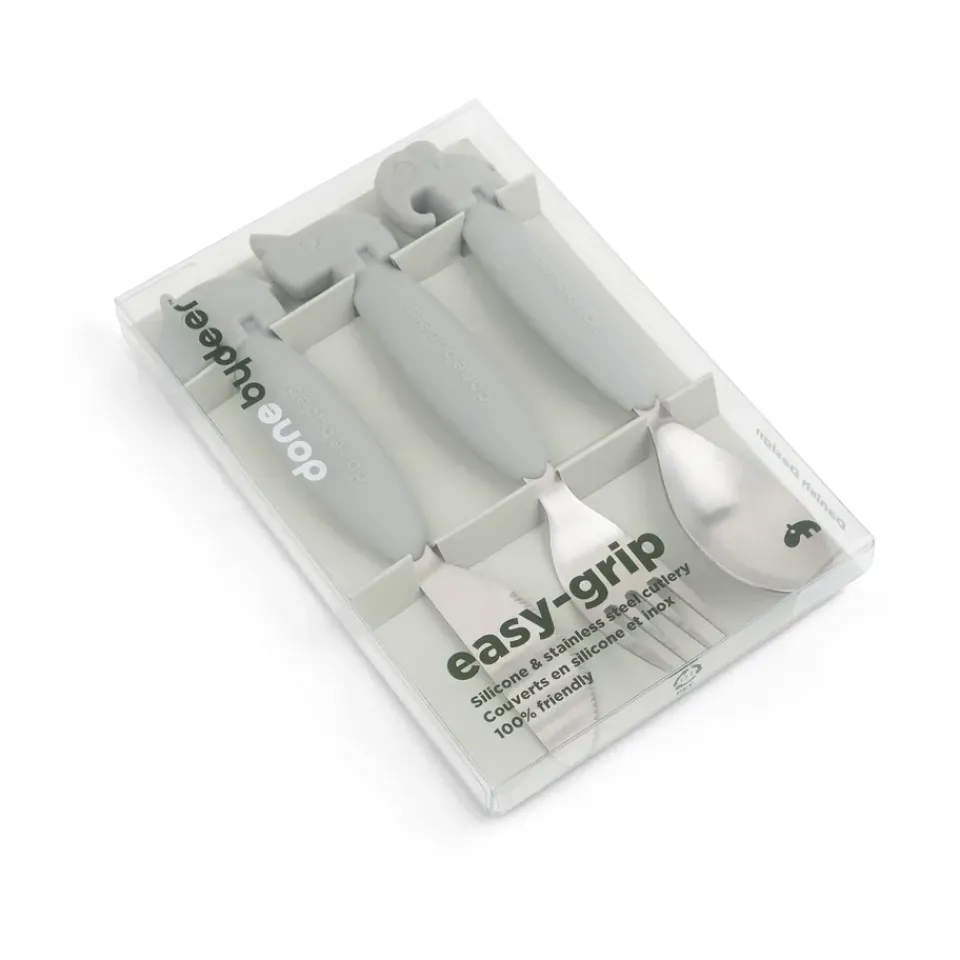 Done by deer Deer Friends Easy-grip cutlery set 3 pieces, Grey New