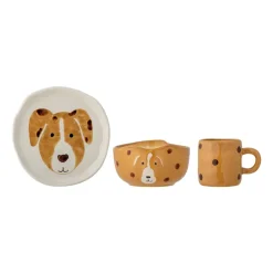 Bloomingville Fenix children's dinnerware stoneware 3 pieces, Dog WhiteBrown Discount