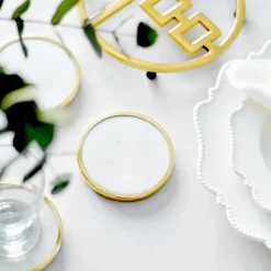 Hilke Collection coaster 4-pack, White marble-solid brass Gold-colouredWhite Best