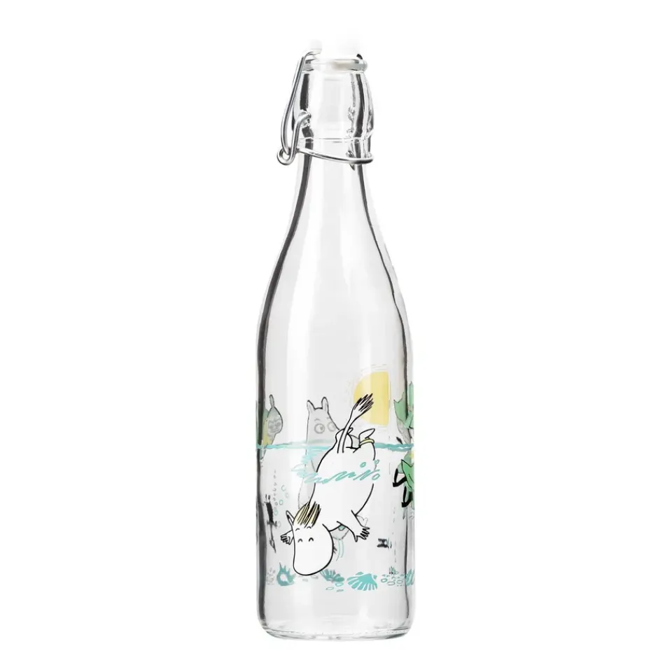 Muurla Moomin glass bottle 0.5 l, Fun in the water TransparentBlue
