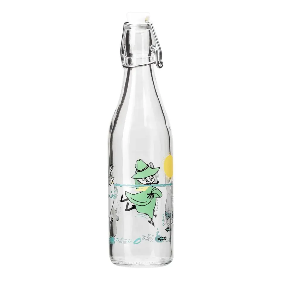 Muurla Moomin glass bottle 0.5 l, Fun in the water TransparentBlue