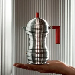 Alessi Pulcina espresso maker 6 cups, red handle RedSilver-coloured