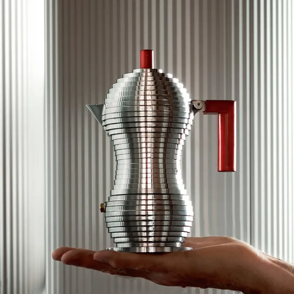 Alessi Pulcina espresso maker 6 cups, red handle RedSilver-coloured