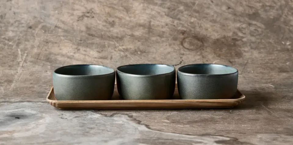 Aida Raw Organic bowl set with wooden tray, Northern Green Outlet